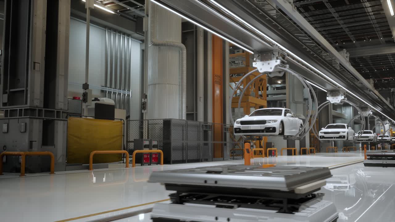 línea de producción de ev en una fábrica avanzada automatizada brillante. fabricación de automóviles eléctricos de alto rendimiento. baterías de automóviles que se conectan a vehículos eléctricos en la línea de ensamblaje.