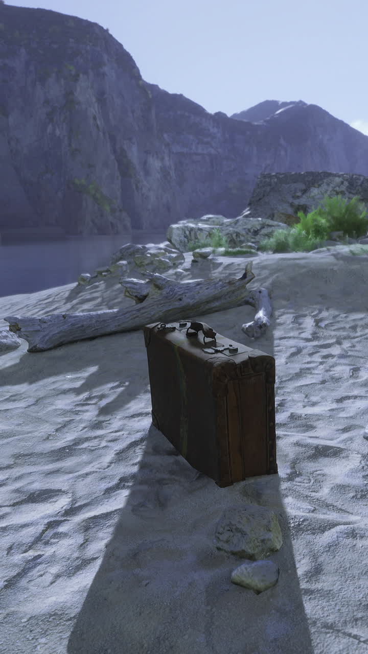 Vecchia cassa di legno su una spiaggia isolata vicino a scogliere rocciose nel pomeriggio