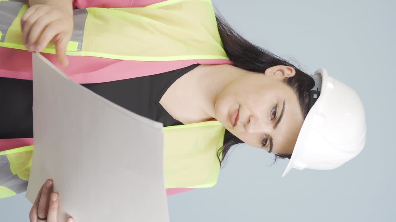 엔지니어의 수직 비디오는 그녀의 손에 있는 프로젝트를 조사합니다.