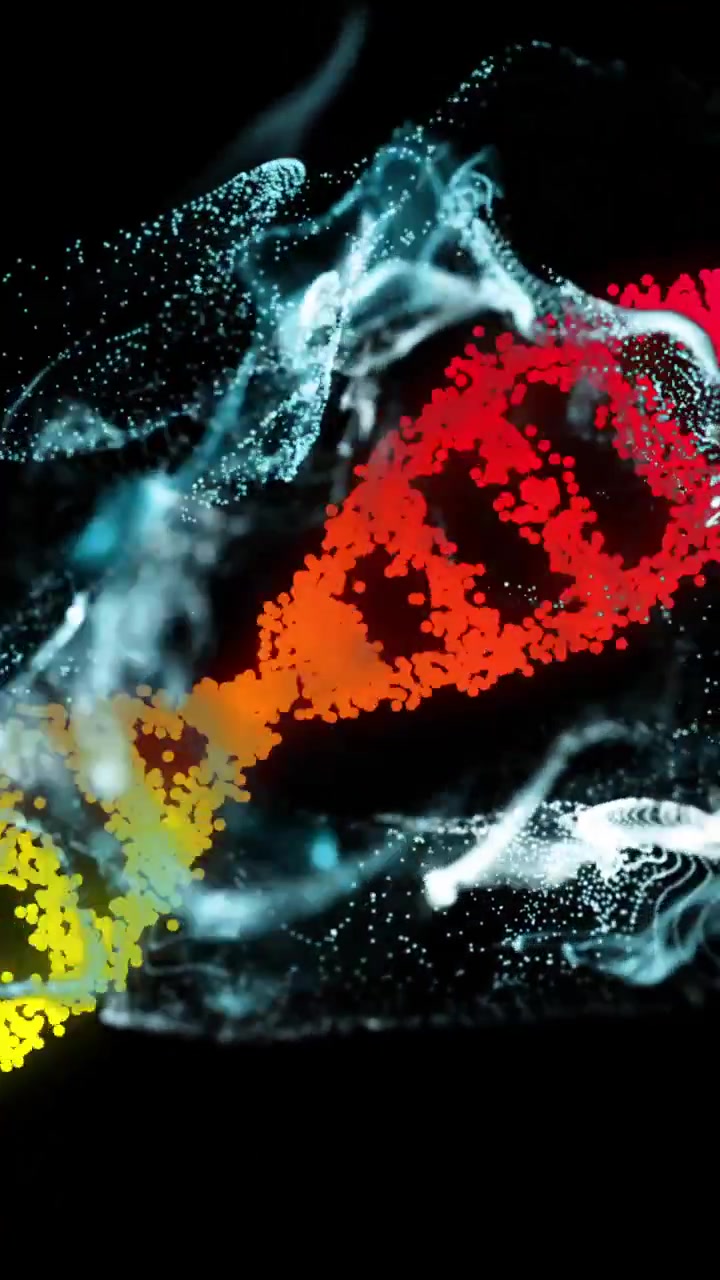 Animazione colorata di filamento di DNA con particelle ed effetti di fumo su sfondo nero