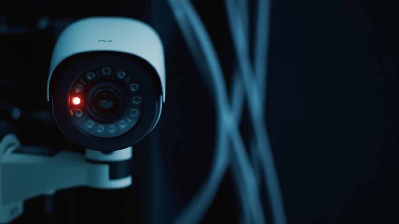 A surveillance camera is focused on a control room, where red lights indicate it's currently offline. The environment features cables and a dark atmosphere, suggesting a security monitoring area.