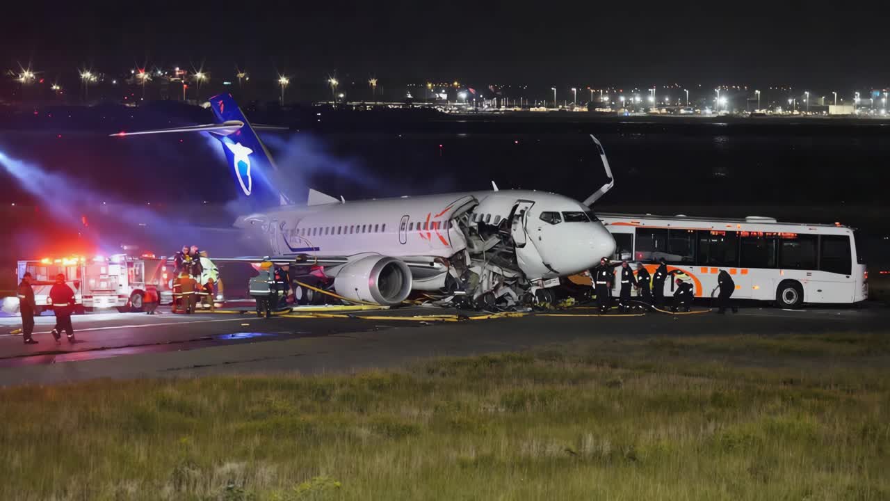 Airplane crash at airport with emergency responders