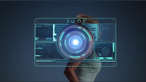 Animation of scopes scanning and data processing with woman running
