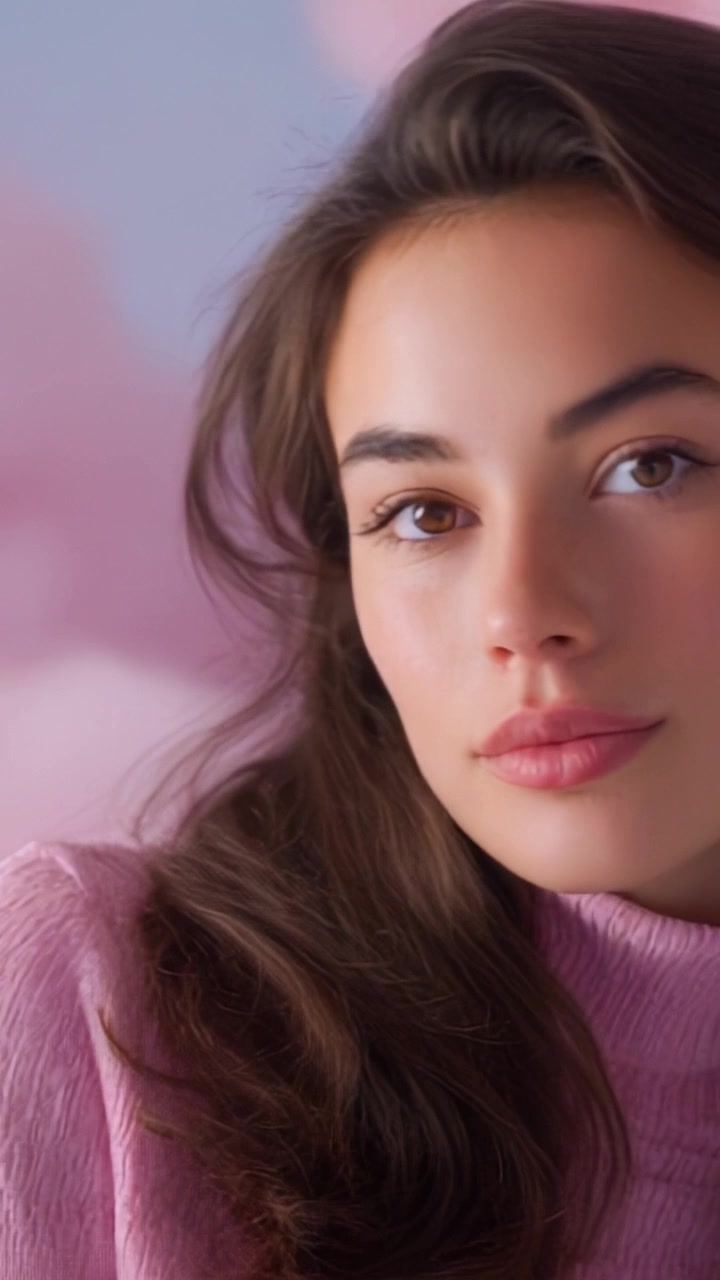Ritratto ravvicinato accattivante di una bellezza naturale con pelle luminosa e trucco elegante, su uno sfondo rosa tenue, con un maglione elegante.