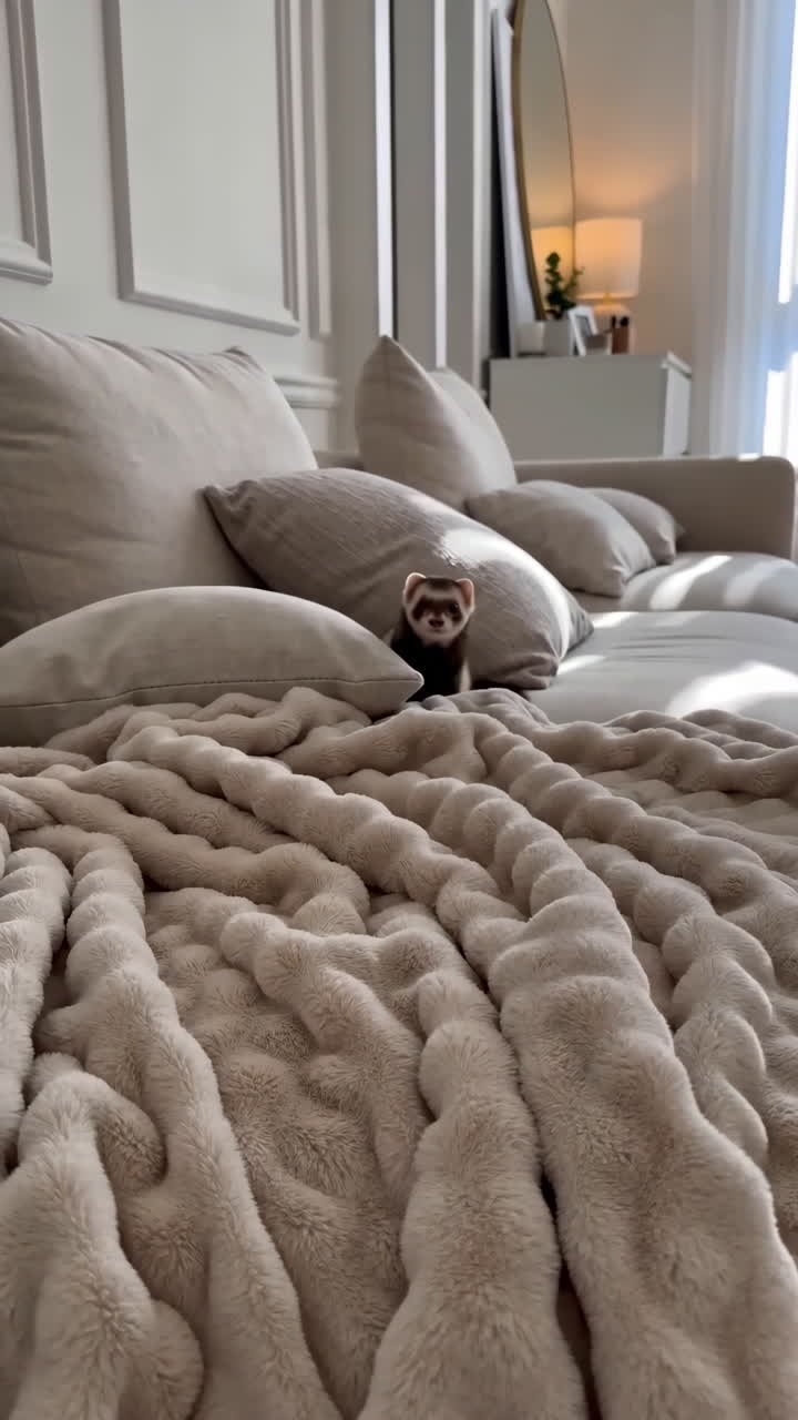 Comodo divano beige con un furetto che esplora. Una morbida coperta di peluche riempie il primo piano, con cuscini neutri e una lampada.