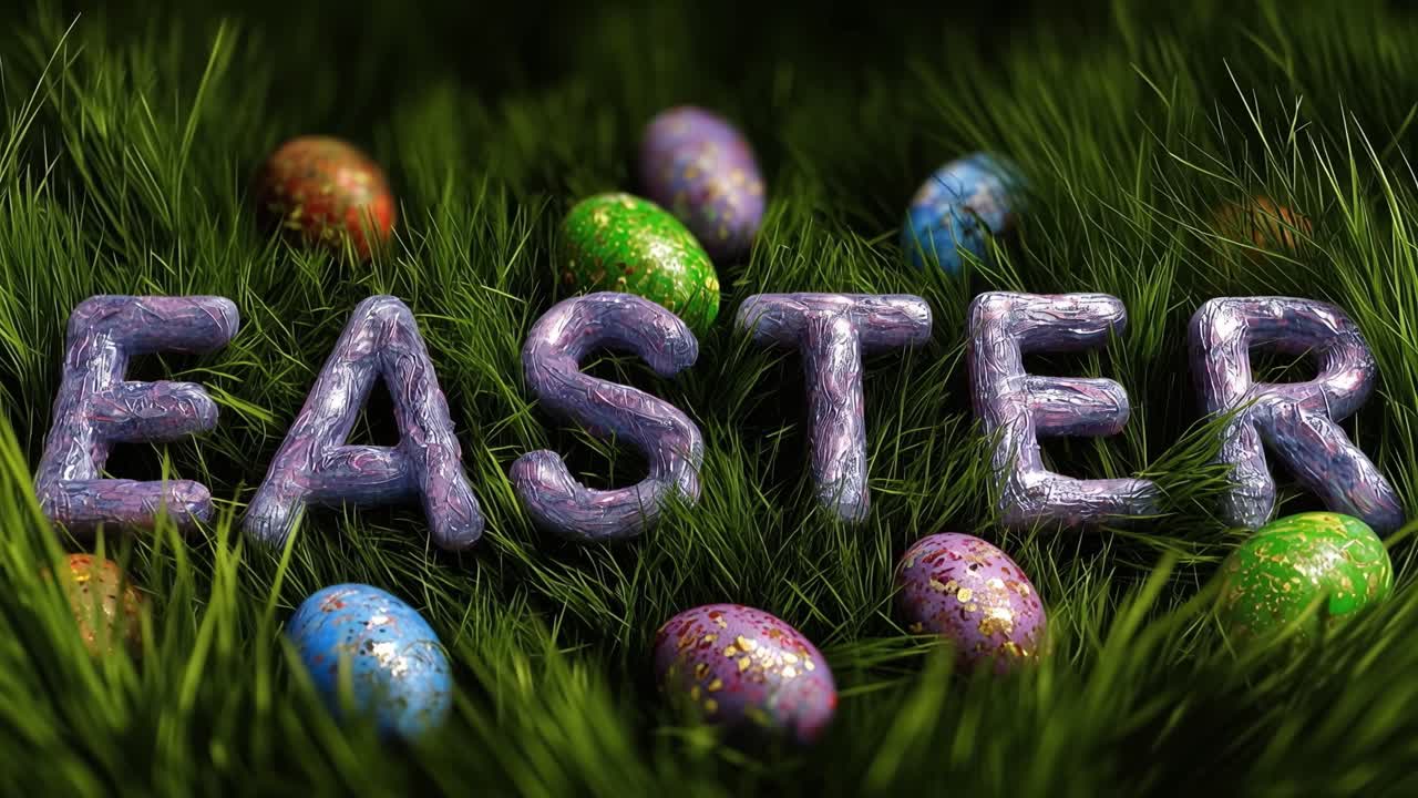 La parola Pasqua è adagiata in un'erba verde vibrante. Uova colorate sono sparse attorno alle lettere. Ogni uovo risplende con tonalità e macchioline uniche. La luce solare diurna esalta la scena festiva. Ideale per primavera, festività