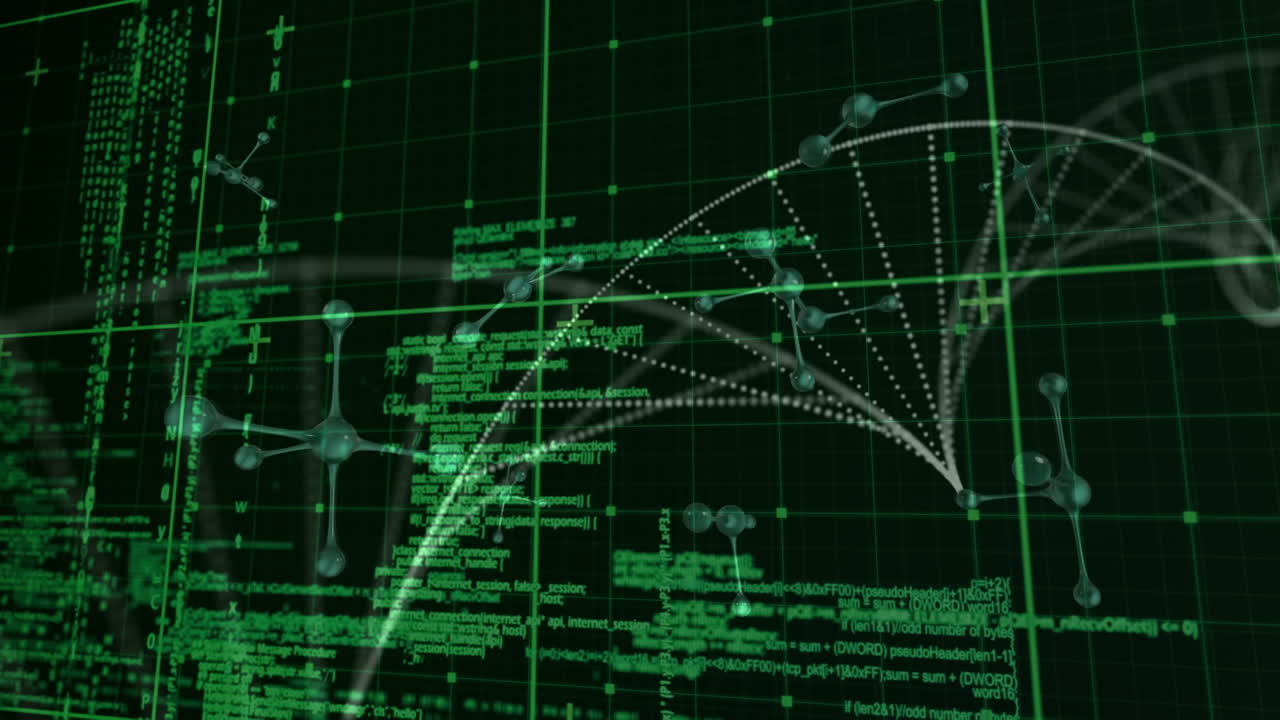 Dna structure and molecular structures spinning over data processing against green background