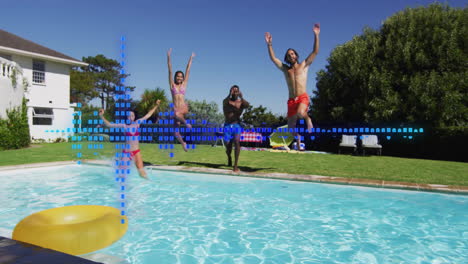 people jumping into pool with blue digital animation overlaying scene