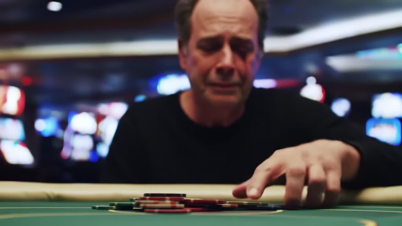 A Desperate Gamble: A Poker Player Contemplates His Fate as He Pushes Chips Into the Pot in a Tense Casino Atmosphere Filled with Anticipation and Emotion