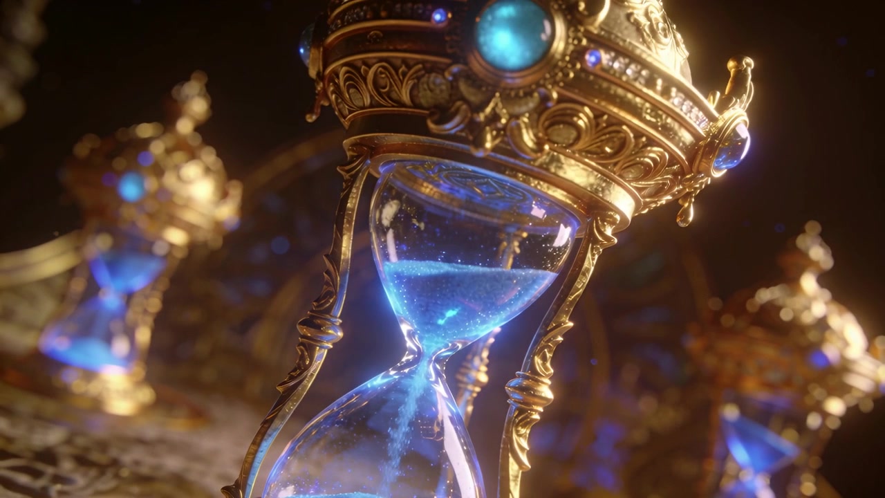 Neigende Kamera enthüllt verzierte goldene Sanduhr mit juwelenbesetzter Krone, die blauen Sand rieseln lässt, in einer Szene, die die Zeit anzeigt