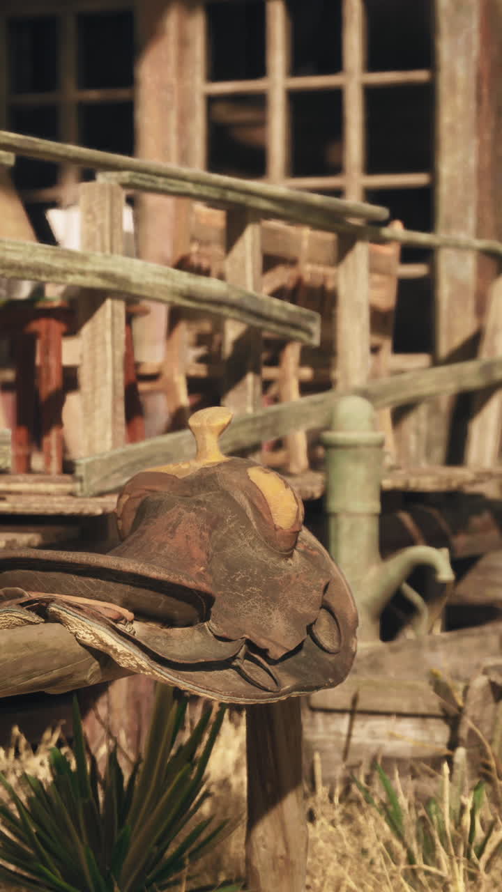 una silla de cuero desgastada colgando de un poste de valla