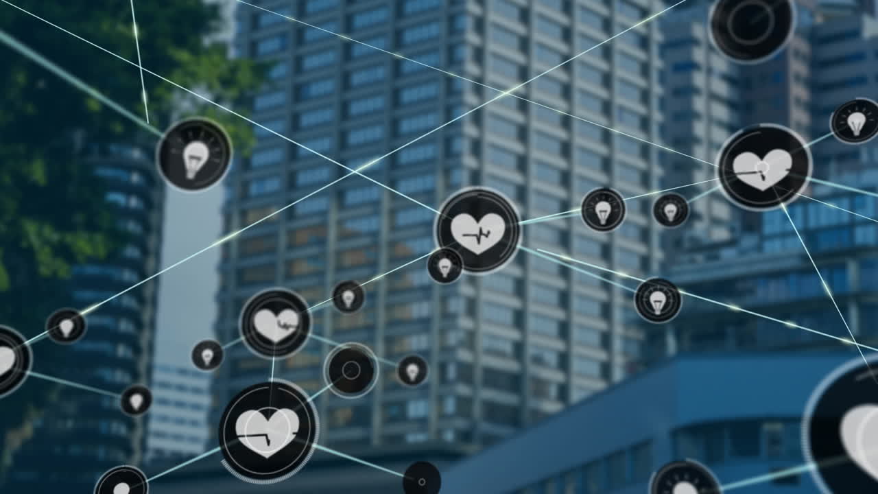 도시 풍경 위의 아이콘으로 연결된 네트워크의 애니메이션