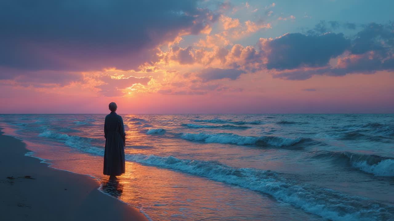 A Tranquil Sunset Over the Ocean: A Reflection of Serenity as a Figure Stands at the Water's Edge, Immersed in the Beauty of Nature's Colors