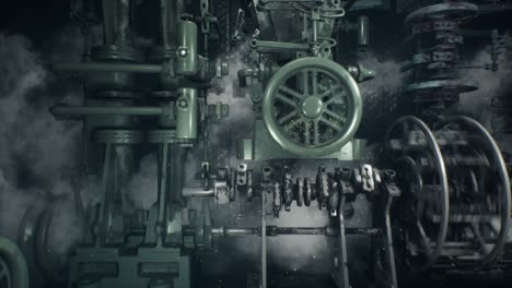 smoky and sparkling vintage mechanisms and machines in an ancient old factory. the concept of steampunk mechanisms. the animation is perfect for vintage, fantasy and technology backgrounds.