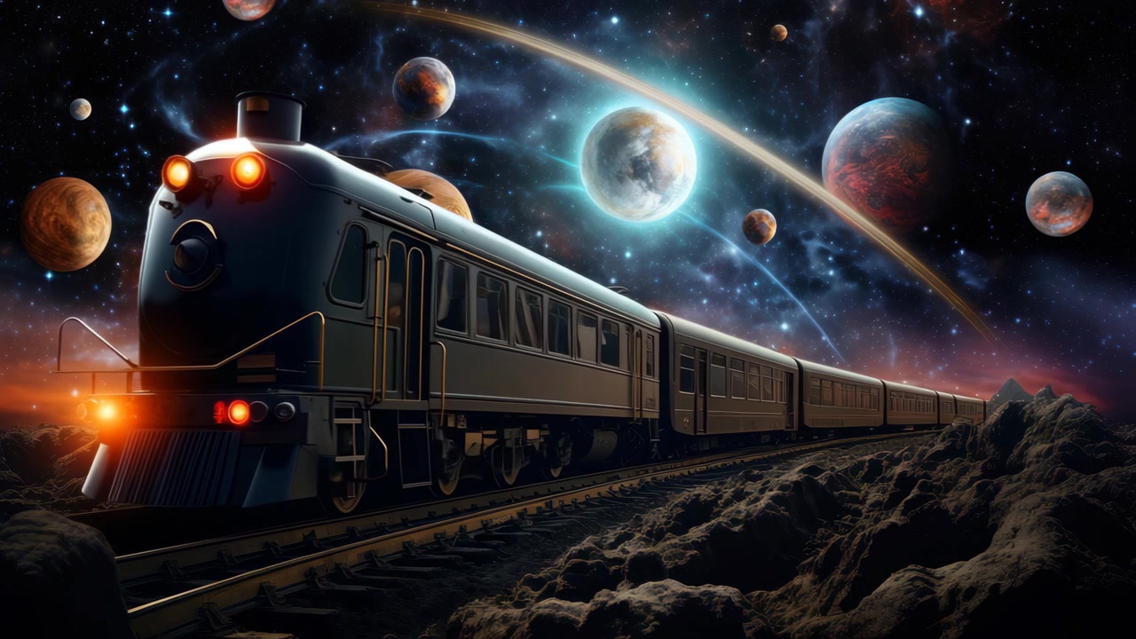 Futuristisk tog kører gennem et levende kosmisk landskab