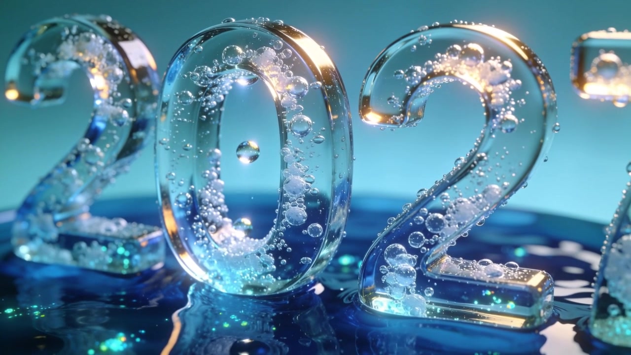 Animazione del numero 2027 in vetro con zoom della fotocamera che parte da <0>0</0> con una bolla che sale in una piscina blu, mostrando rifrazioni