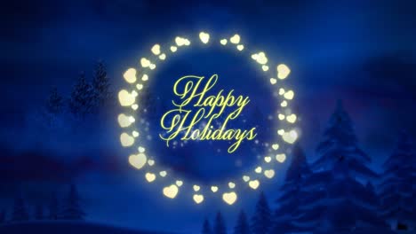 Animation-of-happy-holidays-text-in-fairy-lights-frame-over-fir-trees-and-winter-scenery