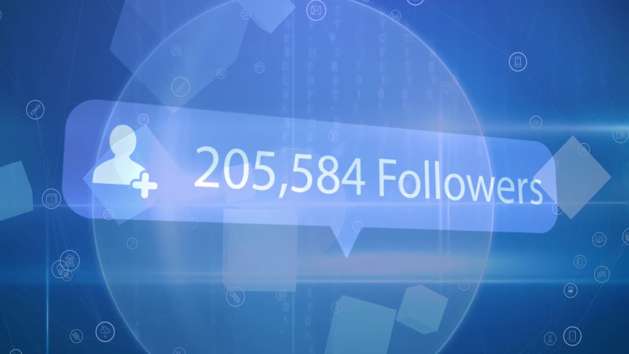 animación de la burbuja de habla con el texto y los números de los seguidores sobre iconos digitales