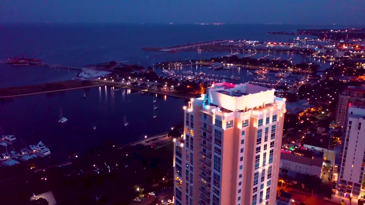 4K Aerial Nighttime Video of Vinoy Basin and Waterfront of St Petersburg, Florida