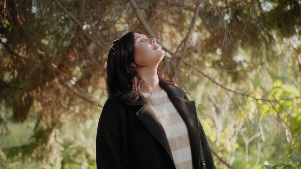 Mujer elegante con abrigo oscuro de pie bajo la copa de un árbol otoñal, contemplando las ramas, con la suave luz del sol filtrándose, un pacífico bosque de fondo, gafas de sol en la cabeza, una tranquila viajera disfrutando de un momento en la naturaleza.