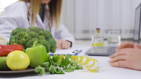 nutricionista que muestra un plan de dieta saludable al paciente.