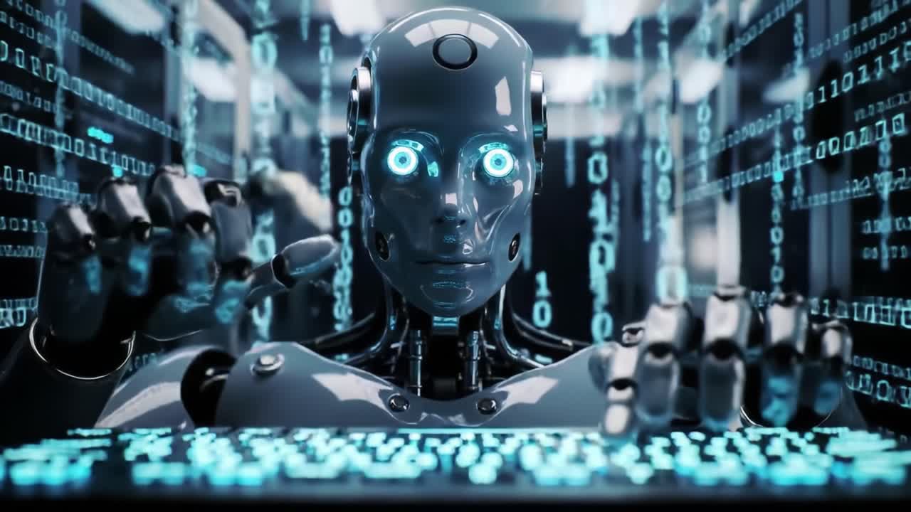 Futuristic Robot Analyzing Complex Data: A Glimpse into AI's Digital World with Dynamic Binary Code Flowing Around Advanced Technology