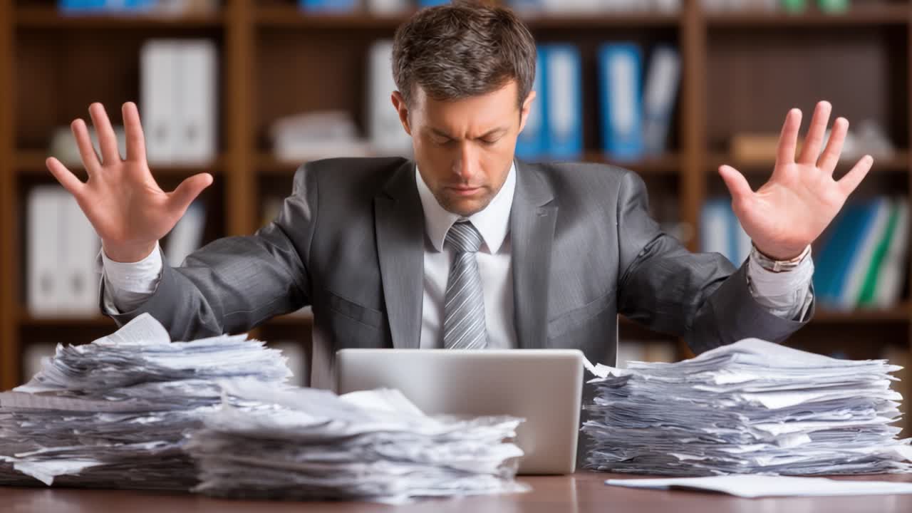 Overwhelmed Professional Facing a Mountain of Paperwork Struggles with Stress and Deadline Pressures While Working on a Laptop in an Office Environment