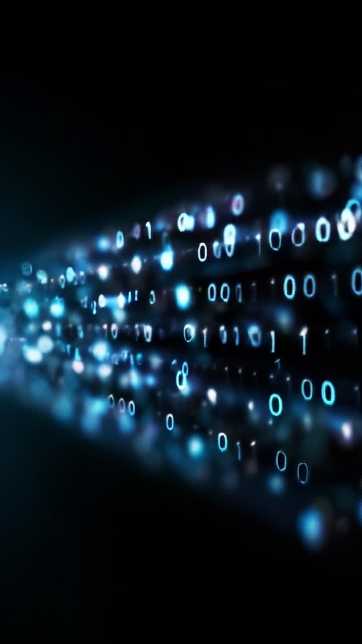 Dynamic Display of Binary Code in Motion with Glowing Numbers Representing Digital Data Transmission Across a Dark Background