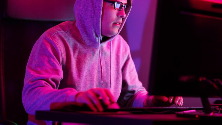 hacker quickly sits down and looks through someone elses information and data off a computer