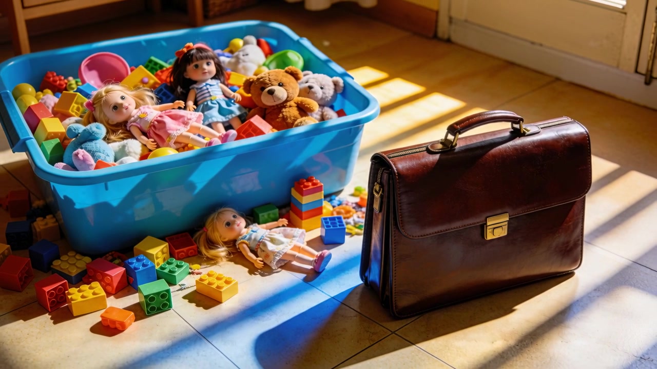 Pulling back camera revealing area by window to show sunlight, blue bin holding dolls and briefcase