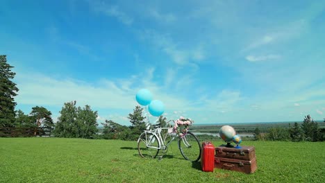 vintage bicycle with suitcases and balloons in a summer landscape