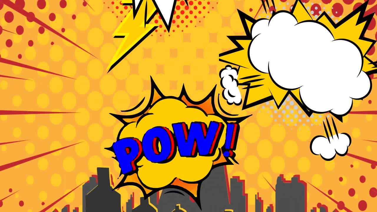 헤드폰과 레트로 스피치 거품으로 도시 풍경 위를 날아다니는 원 ⁇ 이의 애니메이션