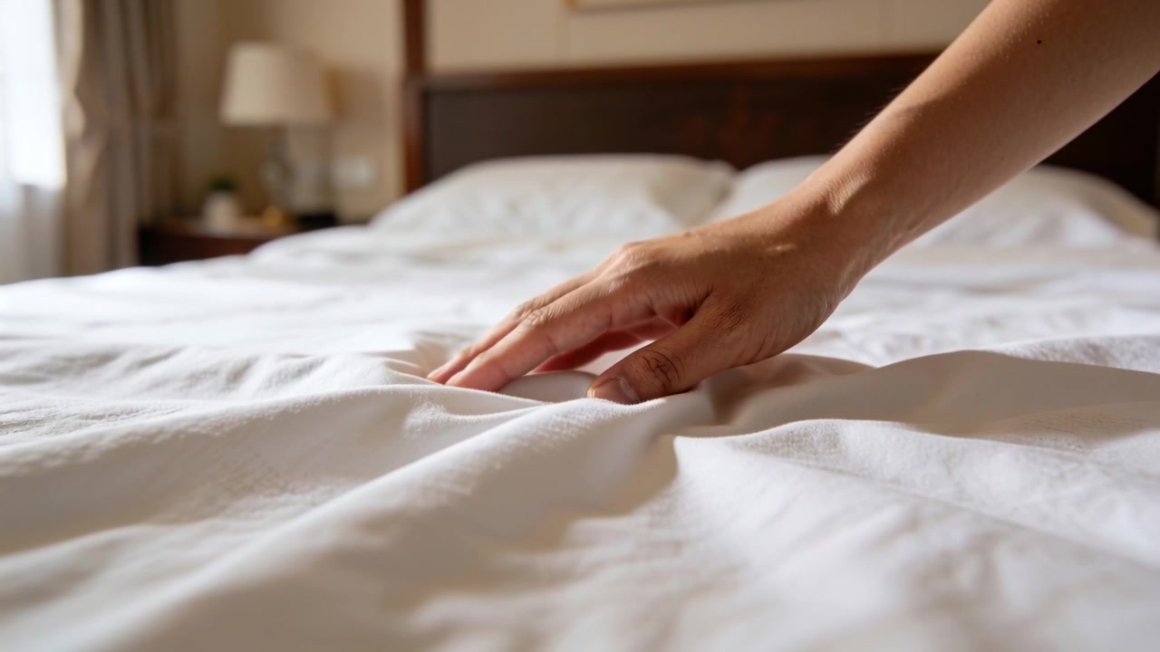La mano destra che si posa, premendo e lisciando un lenzuolo bianco sul letto in camera da letto, appiattendo le pieghe.