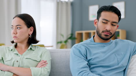 fight, divorce and angry couple on a sofa