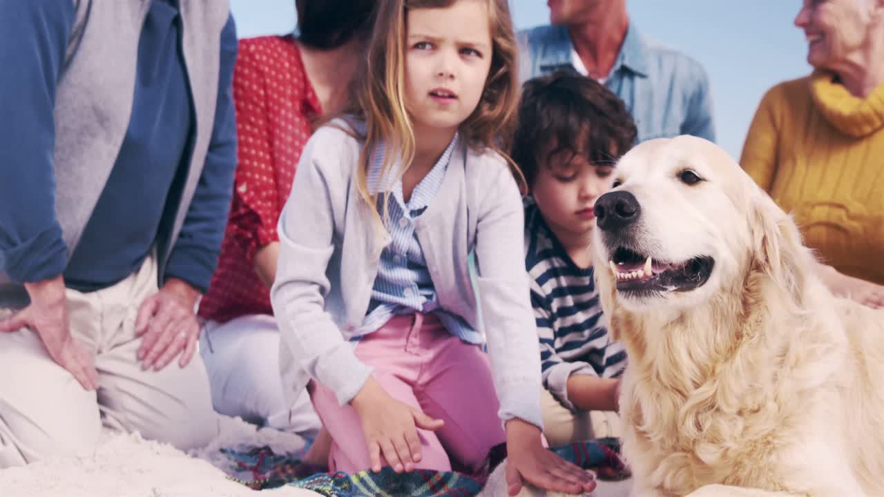 개 를 가진 세 세대 의 가족