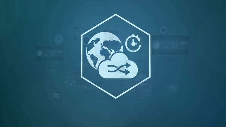 Pullback starting central hexagon expanding, icons assembling, line growing to show cloud sync