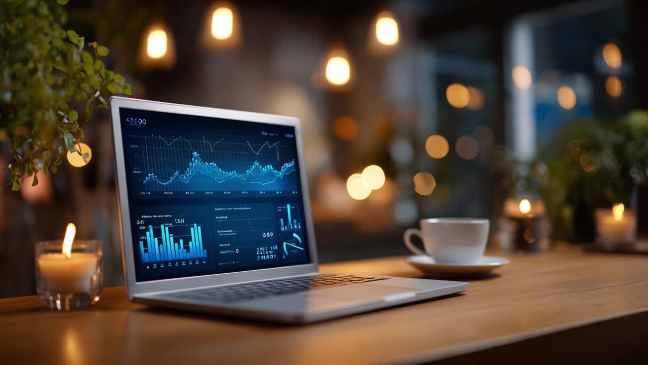En koselig arbeidsplass med en bærbar datamaskin som viser dataanalyse, levende grafer og innsikt, omgitt av varmt stearinlys og en kopp kaffe for en produktiv atmosfære