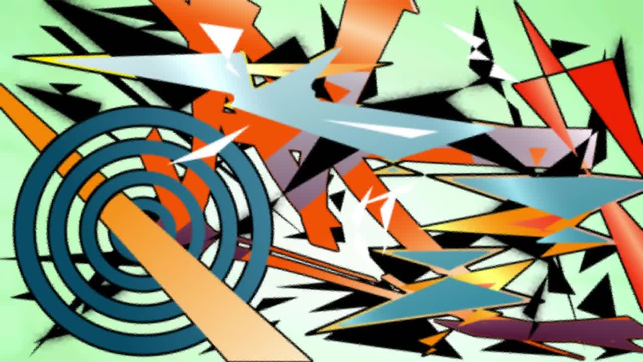 Animation of dynamic colourful graphic pattern building over red cloud on pale green background