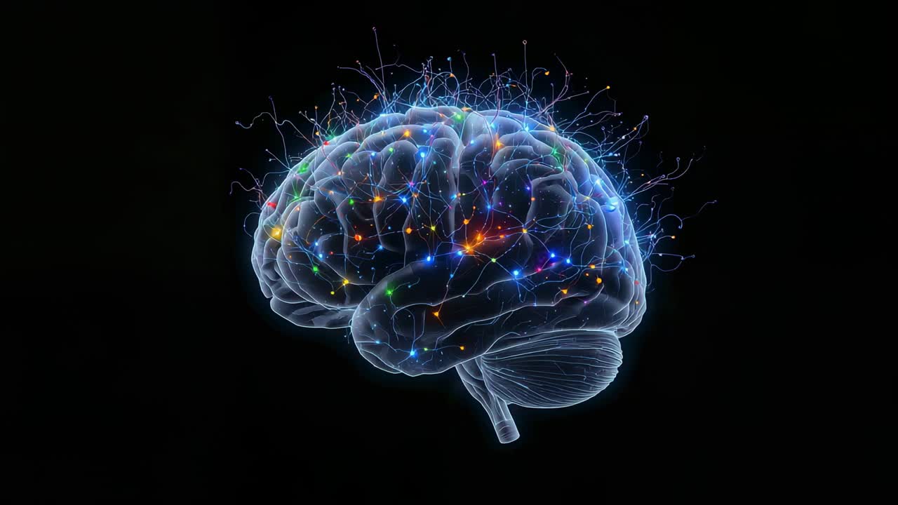 Starting playback rotating brain emitting pulsing lit node traces in black void visualizing signals