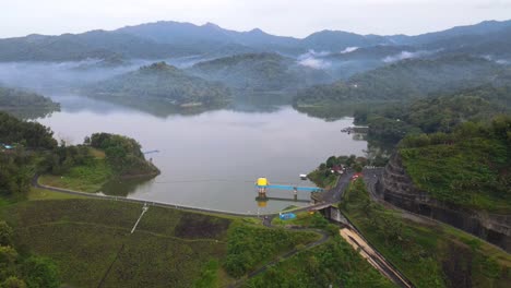 aerial view of dam water gate on sermo dam, yogyakarta, indonesia