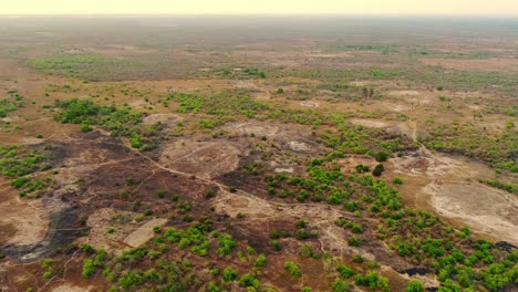 wide aerial shot of african volcano land in the cloudy day