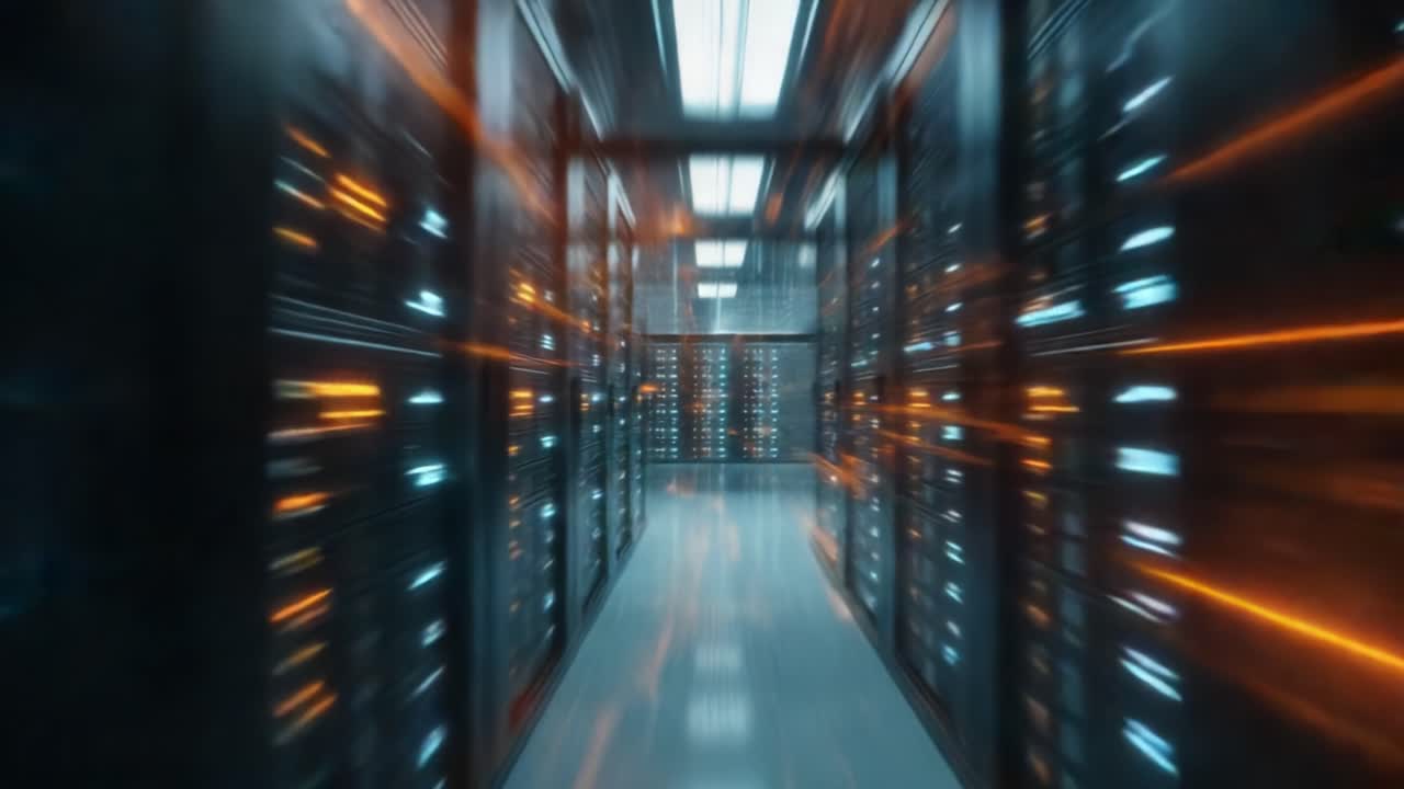 Un viaggio futuristico in un data center attraverso la trasmissione e l'archiviazione di dati ad alta velocità, che mostra luci vivaci e tecnologia avanzata in un ambiente di rete