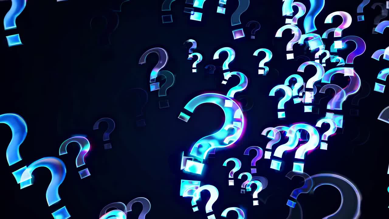 Dynamic video concept featuring glowing question marks in a dark space