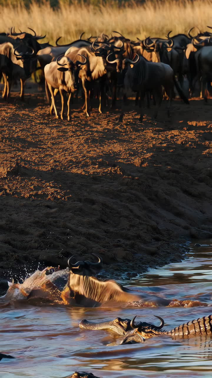 Wildebeest Crossing a River with Crocodiles