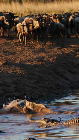 wildebeest crossing a river with crocodiles