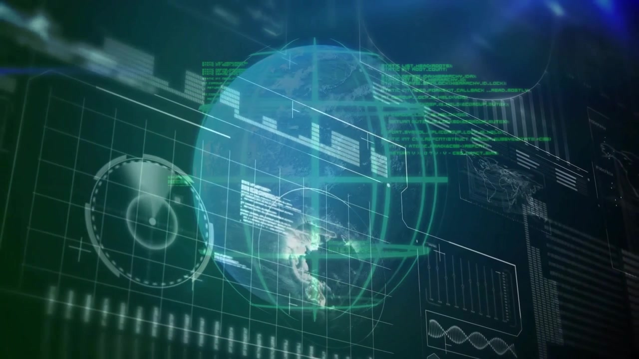 Dark interface opening wireframe sphere emerging, rotating, charts, gauge, map and code showing