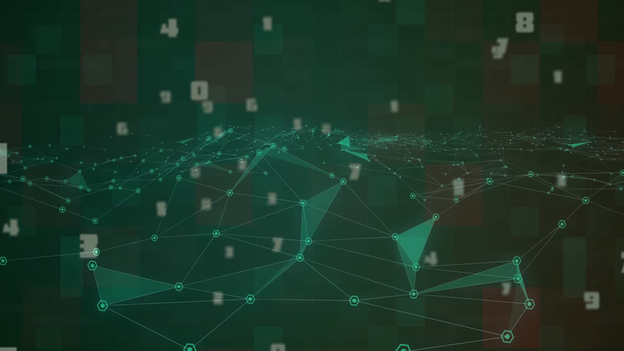 Triggered by frame three, green mesh waving on teal screen while white digits drifting showing data