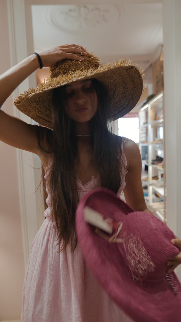 Woman trying on hats
