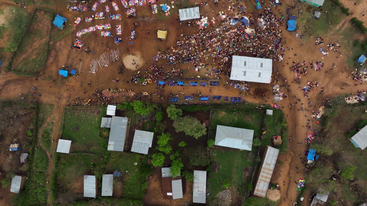 People and animals trading in Kako from above