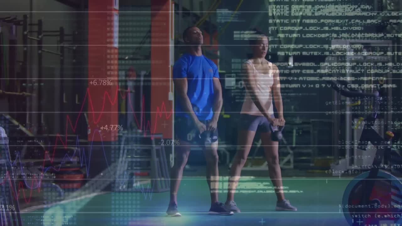 Animation of financial data processing over diverse people exercising